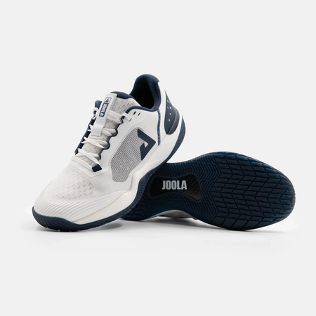 White background, a pair of JOOLA Men's R4LLy pickleball shoes, navy blue and white colorway.