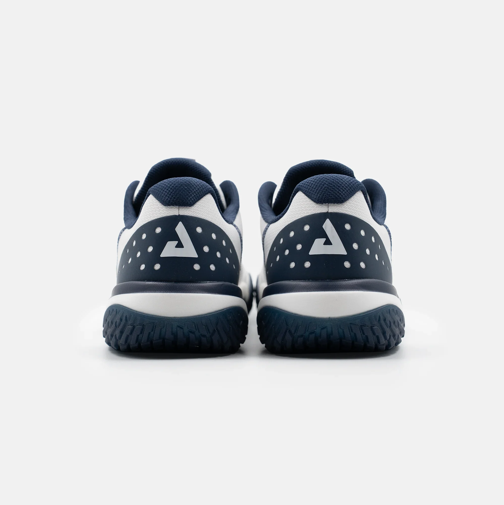 White background, product image showing the back heel view of the JOOLA Men's R4LLy pickleball shoe, navy blue and white.