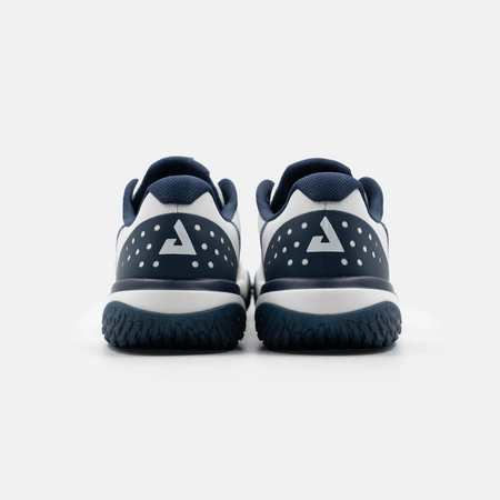 White background, product image showing the back heel view of the JOOLA Men's R4LLy pickleball shoe, navy blue and white.