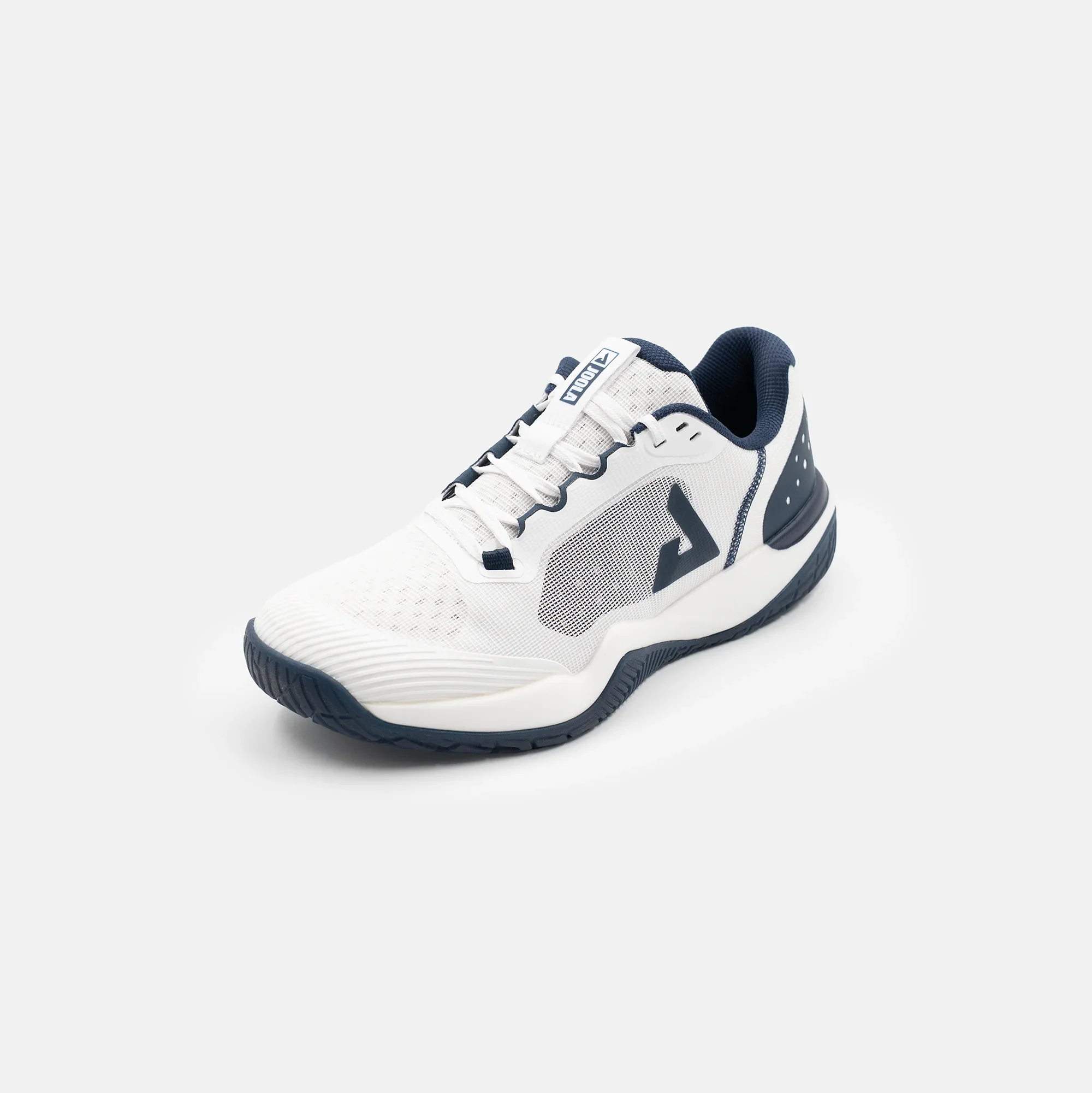 White background, angled view of the JOOLA R4LLy Men's Pickleball shoe in navy blue and white colorway.