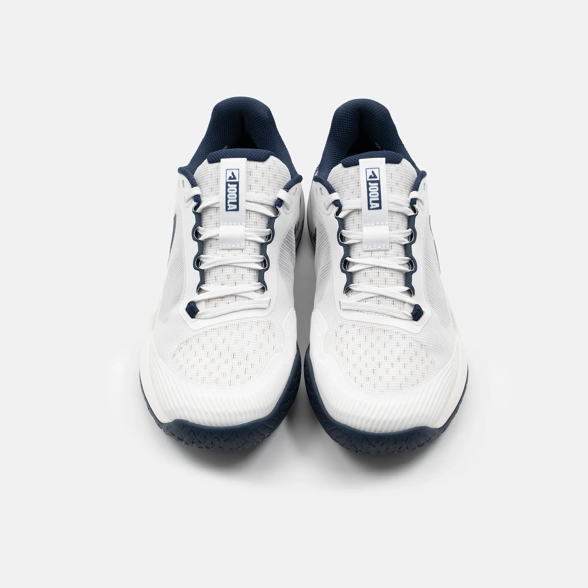 White background, aerial view of the JOOLA Men's R4LLy pickleball shoe, white and navy blue colorway.