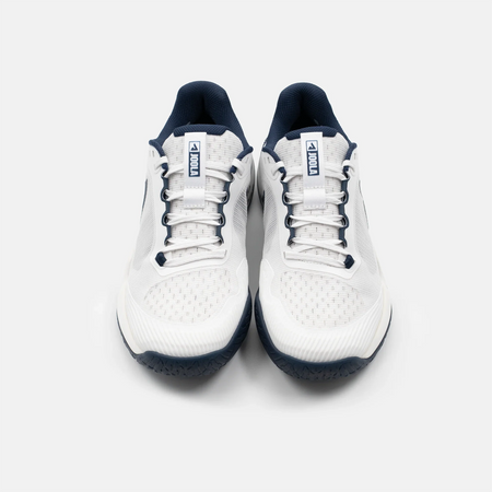 White background, aerial view of the JOOLA Men's R4LLy pickleball shoe, white and navy blue colorway.