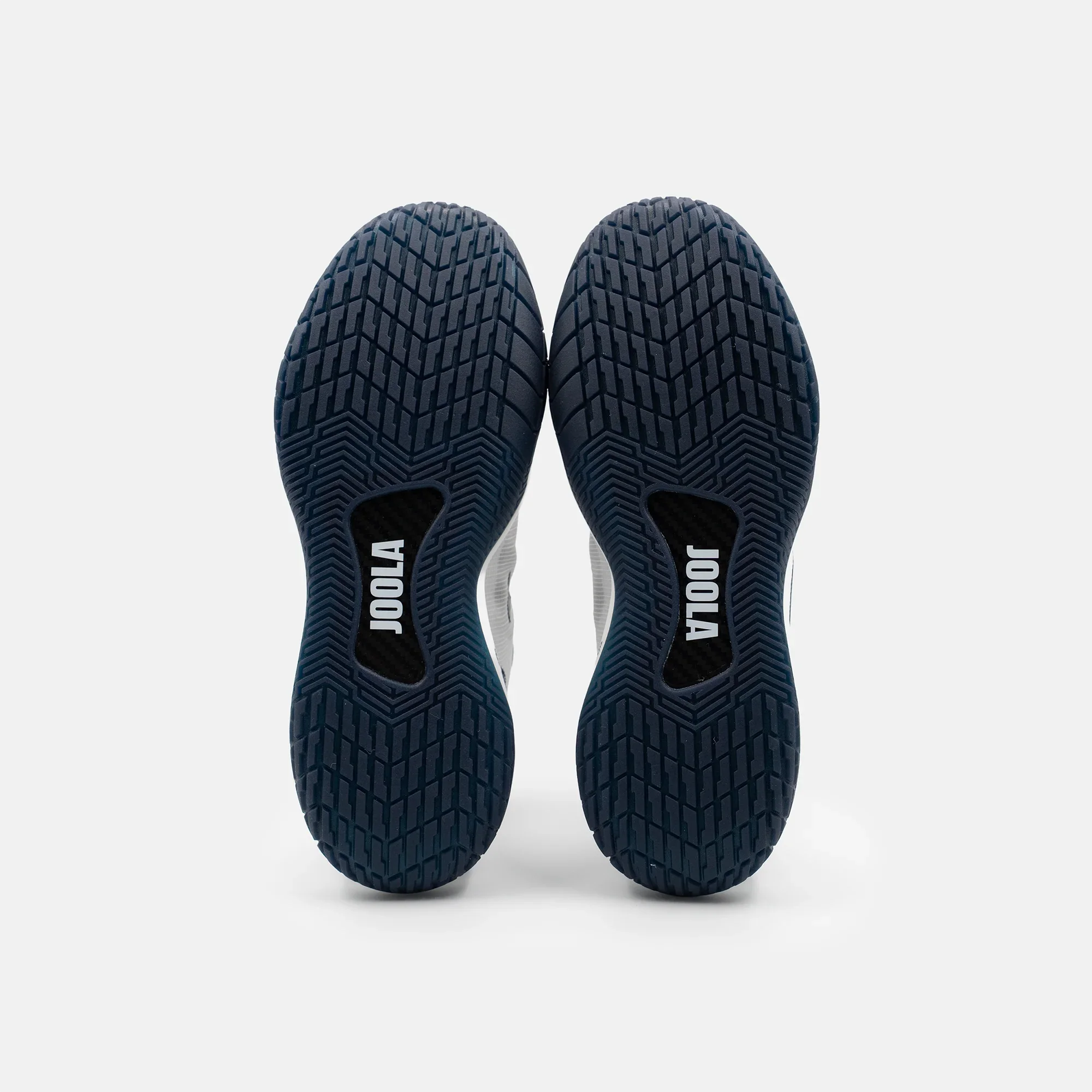 White background, product image showing the bottom of a pair of JOOLA R4LLy pickleball shoes, underside tred is shown in navy blue.