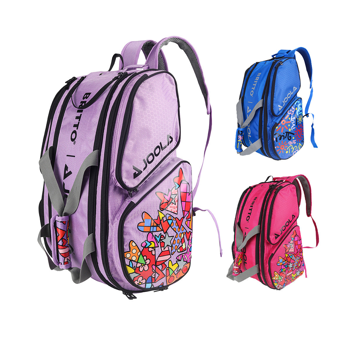 Three JOOLA x BRITTO Tour Elite Pickleball bags, one in lavender, one in hot pink and one in blue. 