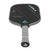 White Background Image: JOOLA Anna Bright Scorpeus CFS 16 with black paddle face, teal accent font and JOOLA Trinity logo, gray edge guard, gray Feel-Tec Pure Grip
