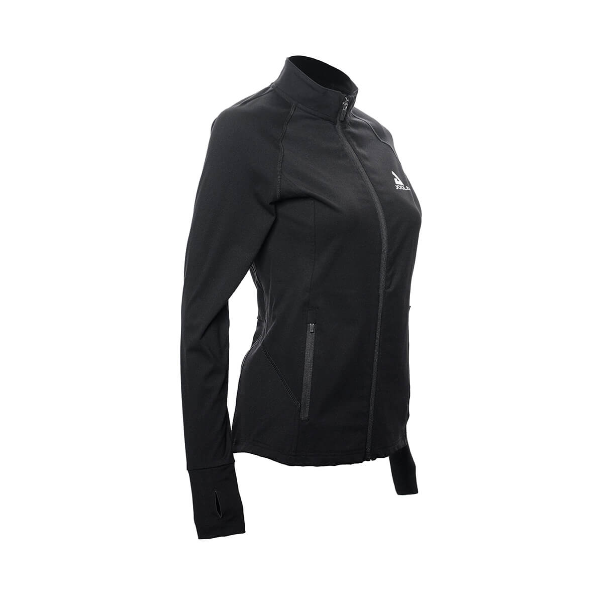 White Background Image: Long-sleeved JOOLA Contender Womens Jacket in Black with zipper, zipped side pocket, and white stacked JOOLA logo on left chest #Black