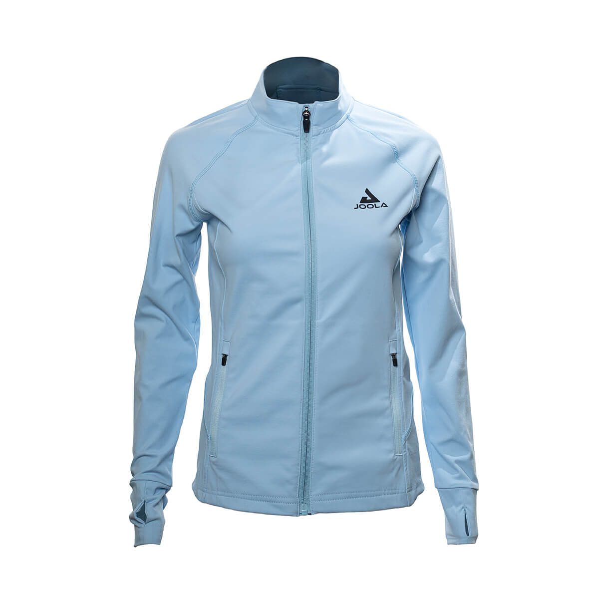 White Background Image: Long-sleeved JOOLA Contender Womens Jacket in Light Blue with zipper and black stacked JOOLA logo on left chest #Light Blue