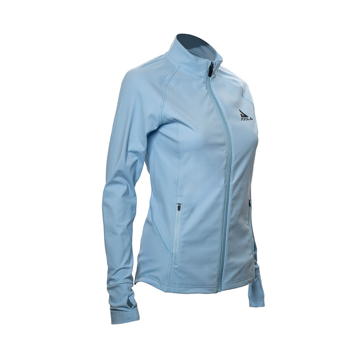 White Background Image: Long-sleeved JOOLA Contender Womens Jacket in Light Blue with zipper, zipped side pocket, and black stacked JOOLA logo on left chest #Light Blue