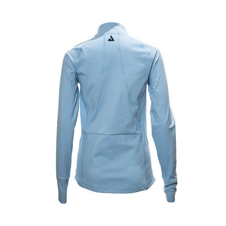 White Background Image: Back view of long-sleeved JOOLA Contender Womens Jacket in Black with black stacked JOOLA logo behind collar #Light Blue