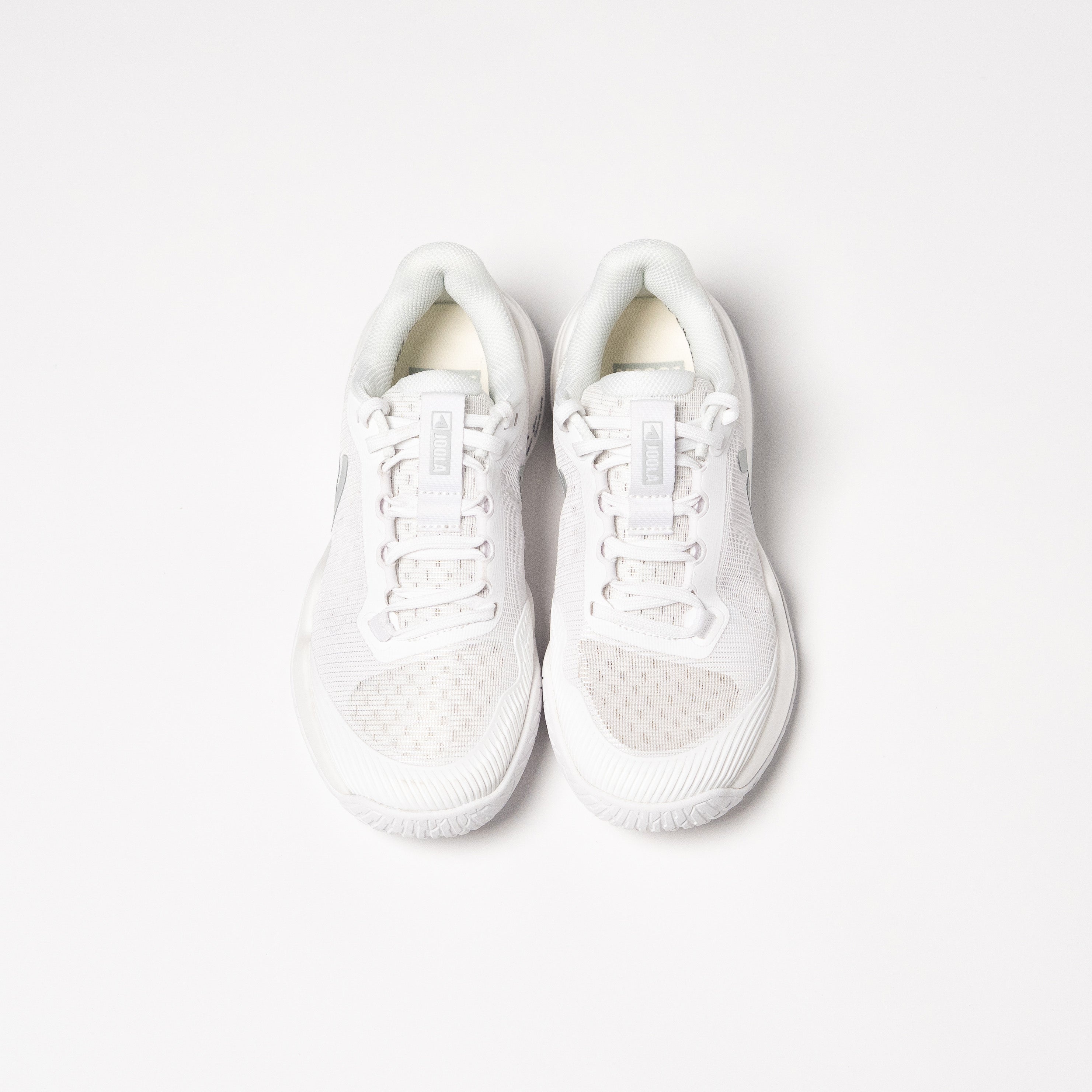 White background, image of a pair of JOOLA R4LLy pickleball shoes in white colorway.