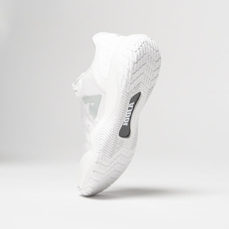 Image showing a single JOOLA R4LLy pickleball shoe, white colorway, with JOOLA Carbon Fiber shank pictured.