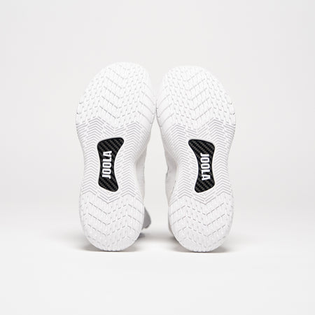 Image showing the bottom of a pair of JOOLA R4LLy pickleball shoes, the way the shoes are posed it's showing the JOOLA Branded Carbon Fiber Shank in the sole of the shoe.