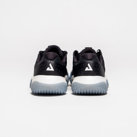 White background, product image showing the JOOLA Trinity logo on the back of a pair of black JOOLA R4LLy pickleball shoes.