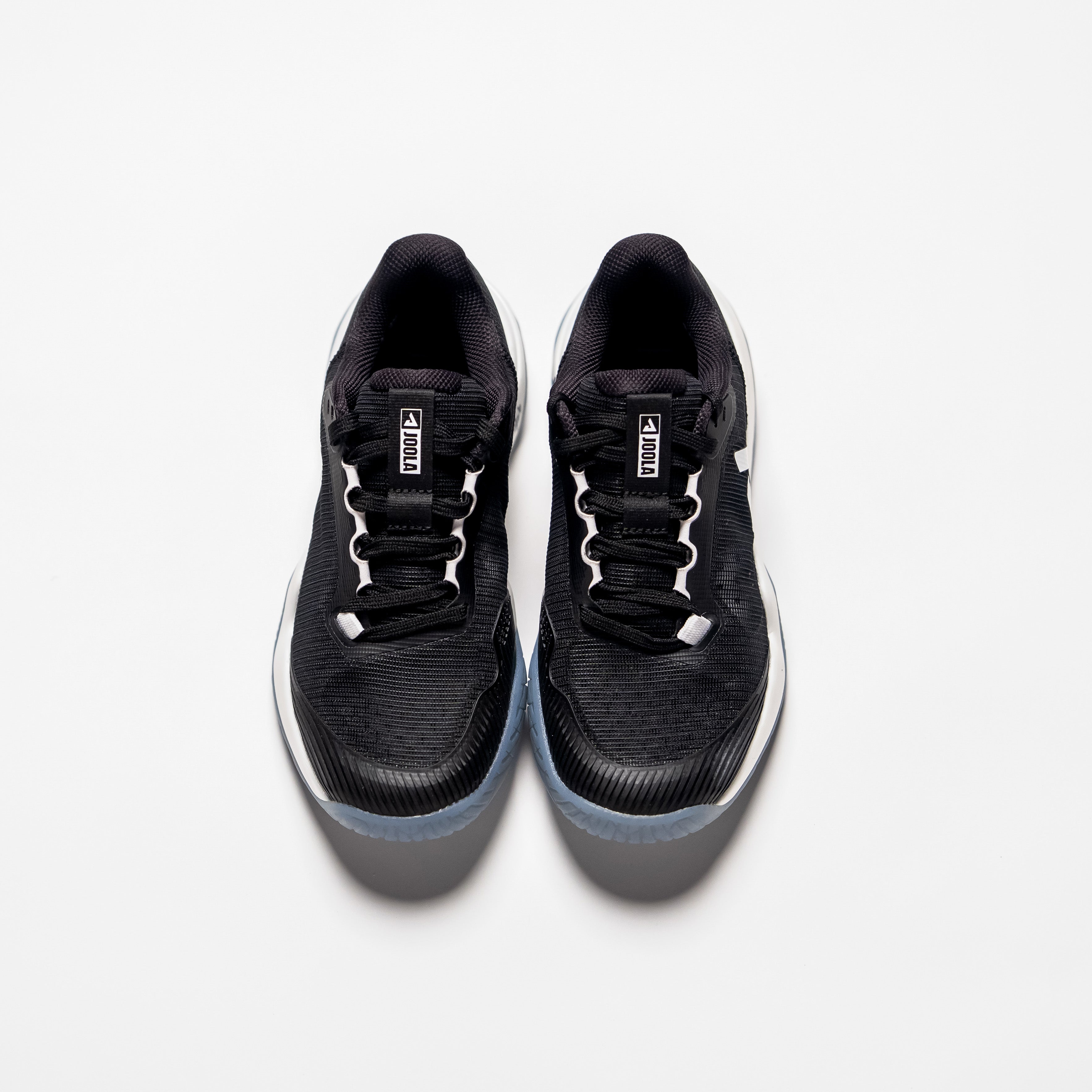 White background, aerial view of a pair of Black JOOLA R4LLy pickleball shoes.