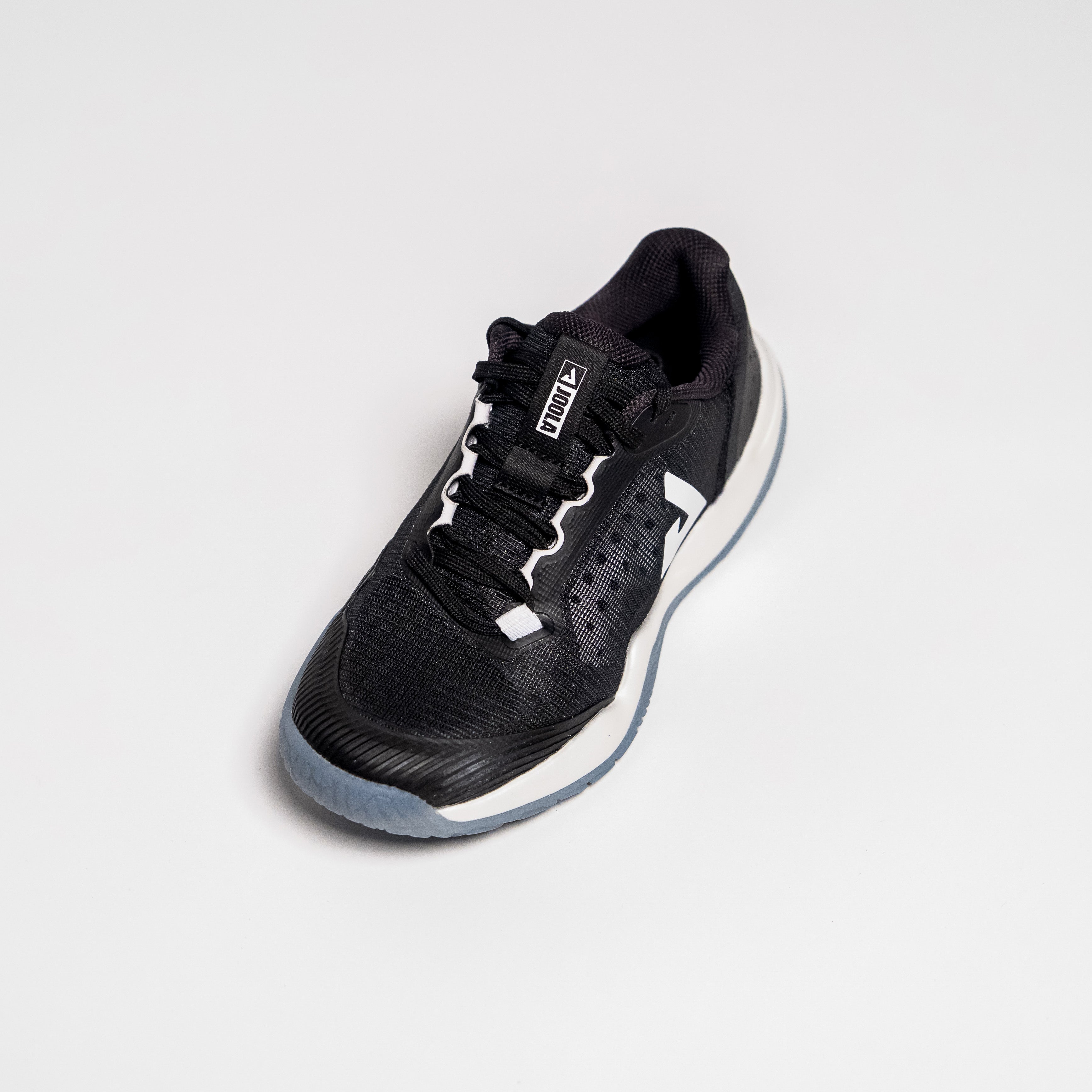 Angled aerial view of a JOOLA R4LLy pickleball shoe, black colorway.