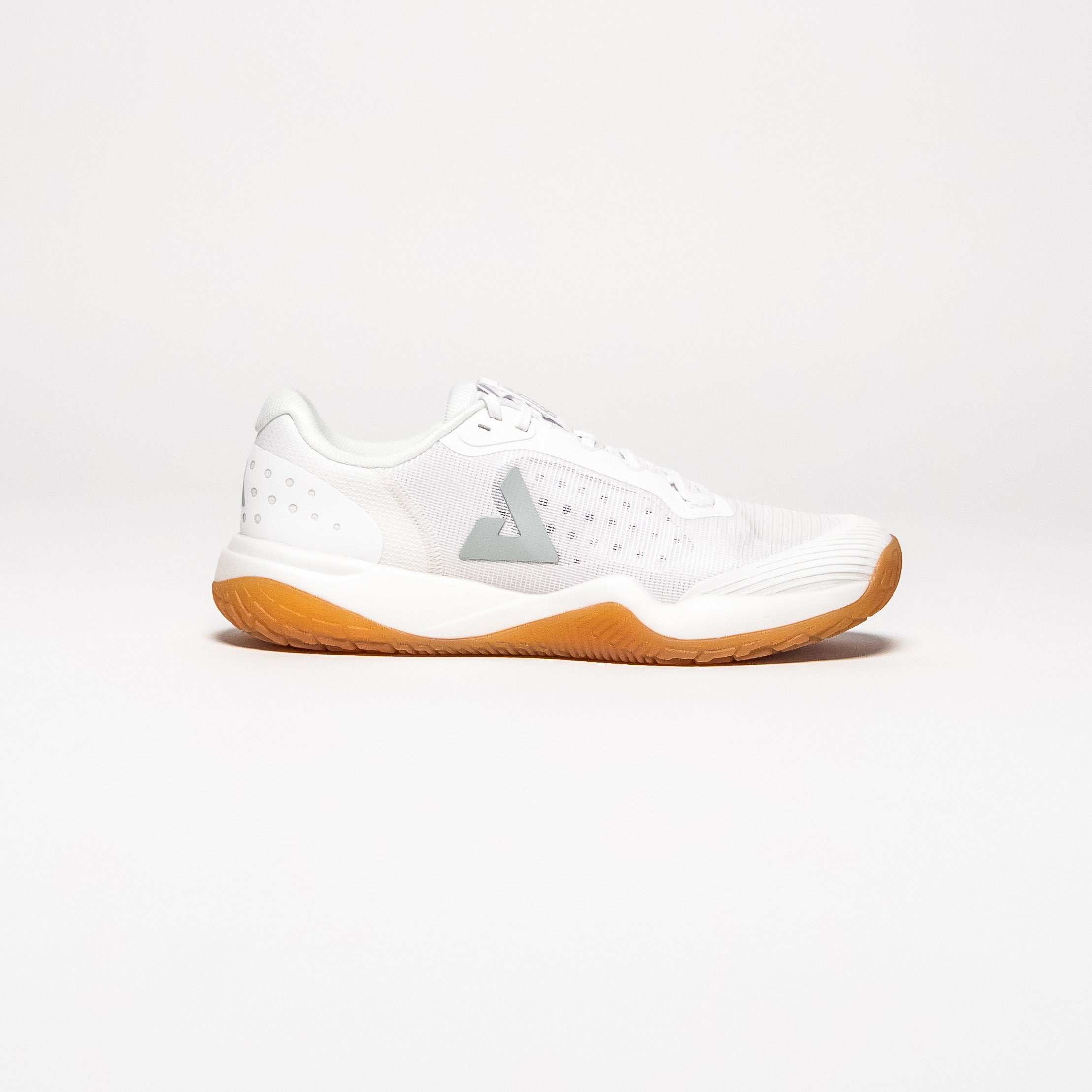 White background, side profile of the JOOLA Men's R4LLy pickleball shoe, white with gum sole.