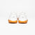 White background, image showing the the back of a pair of JOOLA Men's R4LLy pickleball shoes, white with gum soles.