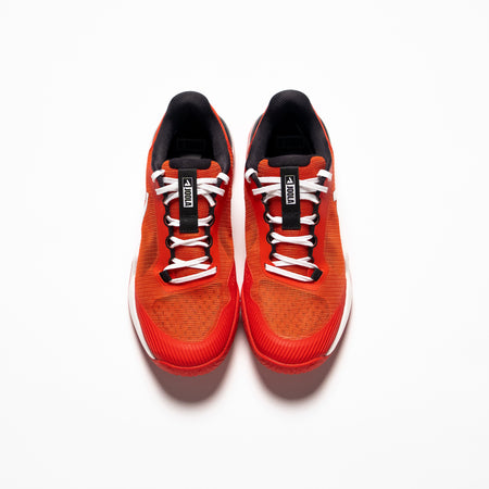 White background, top view of the a pair of JOOLA R4LLy pickleball shoes, red, black and white.