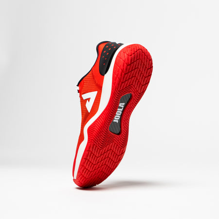 White background, stylized image of the JOOLA R4LLy red pickleball shoe.