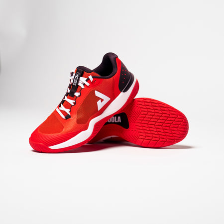 Stylized image of a pair of red JOOLA R4LLy pickleball shoes.