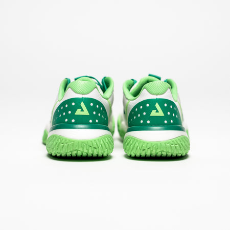 White background, product image of a pair of JOOLA R4LLy pickleball shoes, limited-edition white and green colorway.