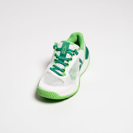 White background photo image of a pair of JOOLA R4LLy pickleball, white and green.