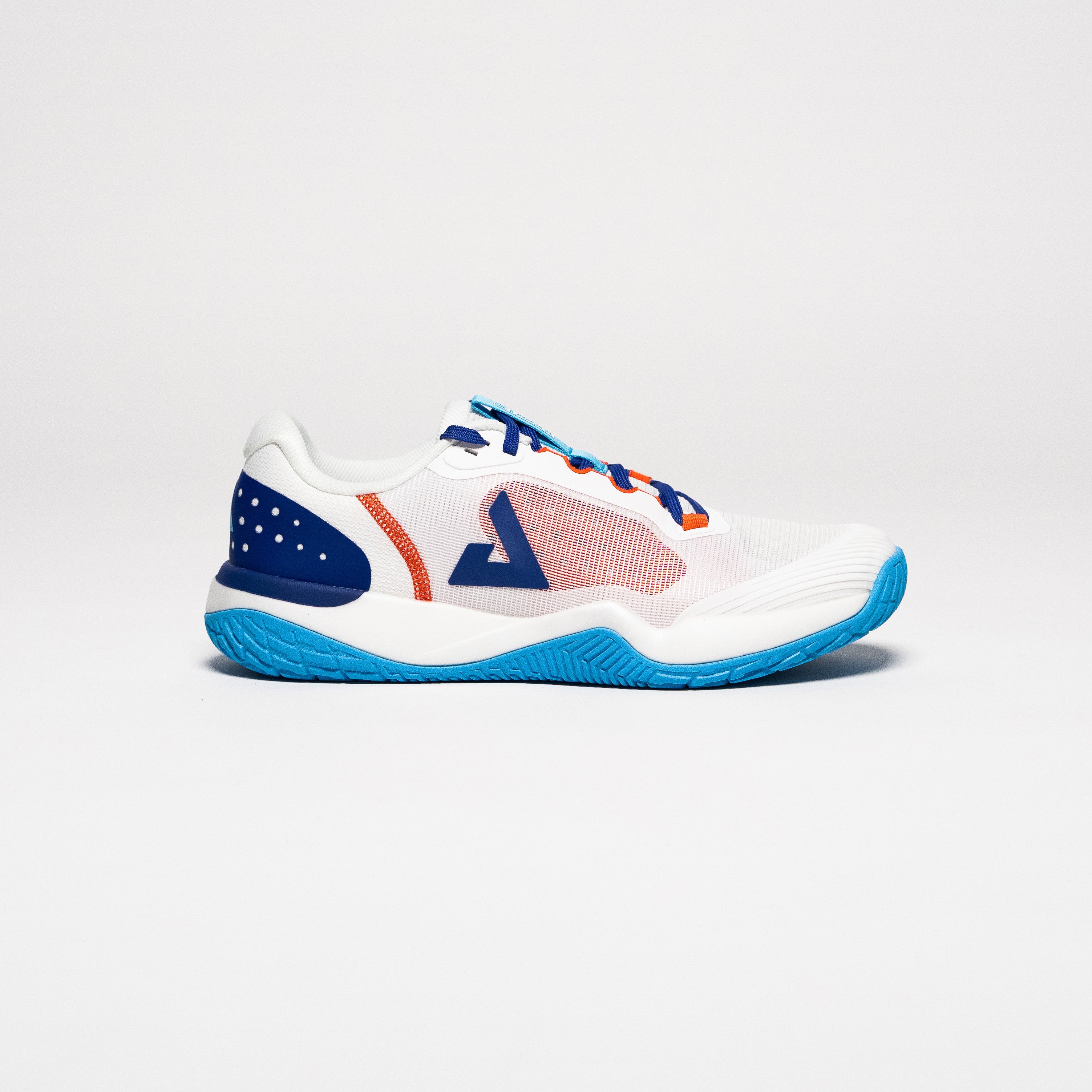 Gray background, product image of the JOOLA R4LLy pickleball shoe, men's white and blue colorway.