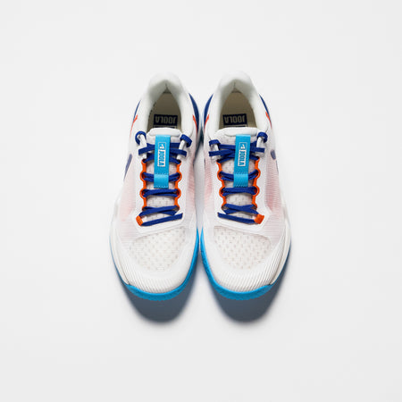 White background, top down view of the JOOLA R4LLy pickleball shoe, white and blue colorway.