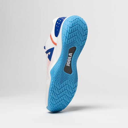 White background, product image of a JOOLA R4LLy pickleball shoe with blue tred and carbon fiber hank with JOOLA logo visibile on the bottom.