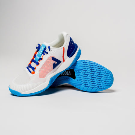 White background, stylized product image of a pair of JOOLA R4LLy pickleball shoes, white and blue.