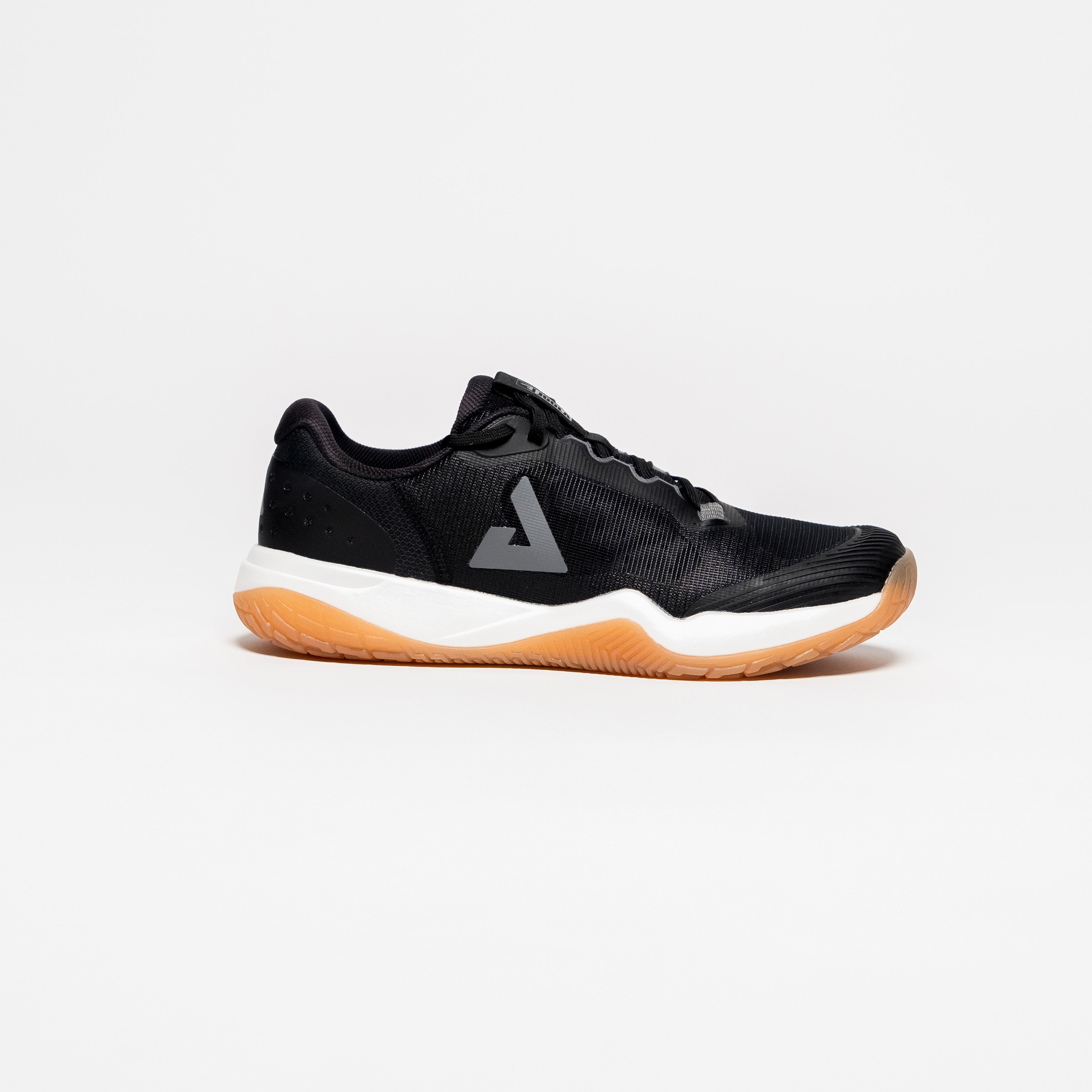 White background, side view of a JOOLA Men's R4LLy pickleball shoe, black with a gum sole.