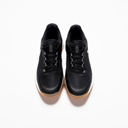 White background, product image of a pair of Men's R4LLy pickleball shoes, black, with gum sole.