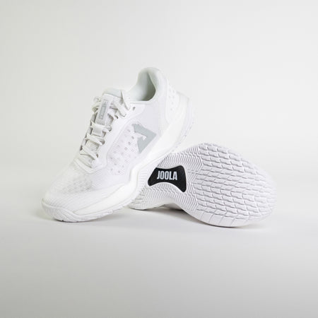 Stylized shot of the JOOLA R4LLy pickleball shoe in white.