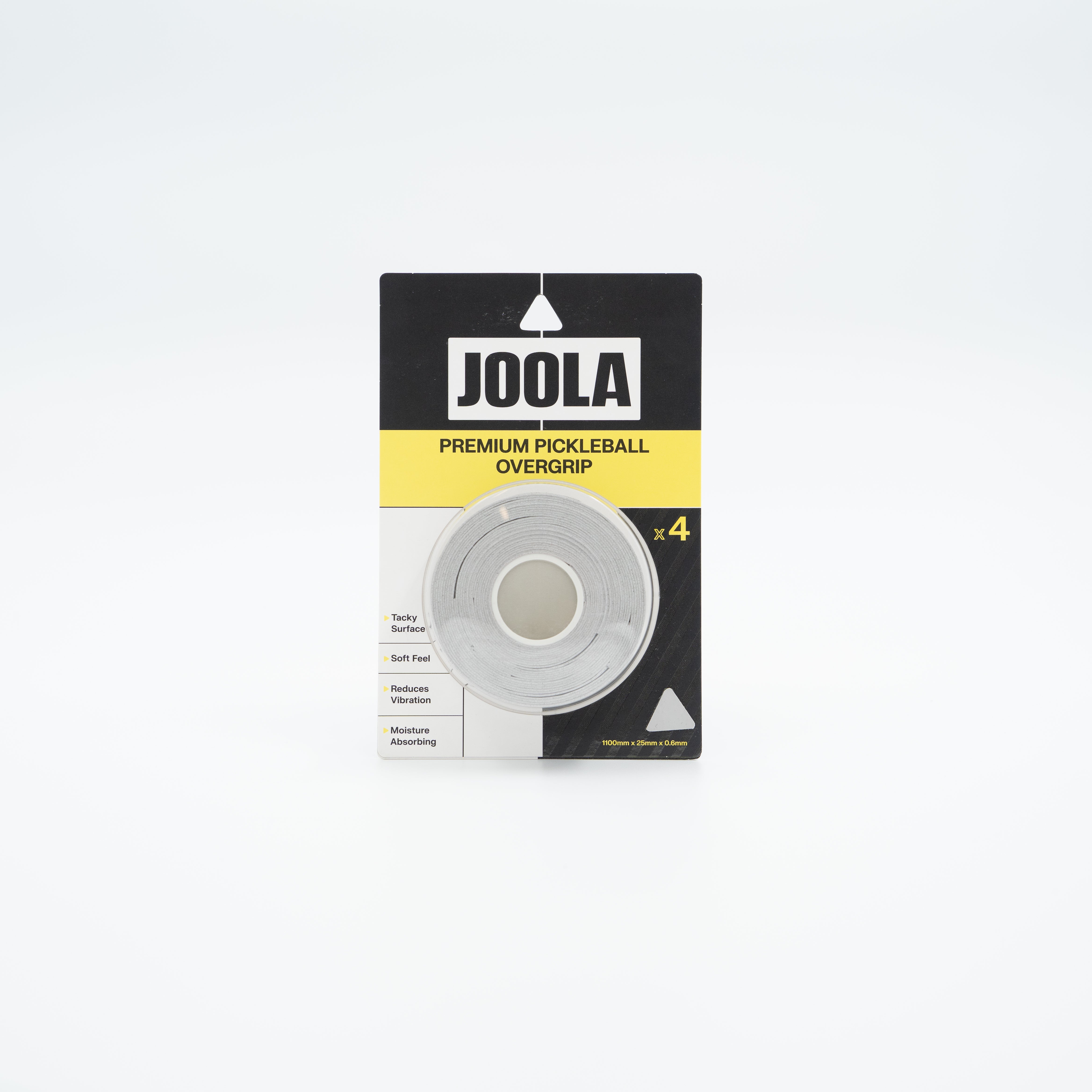 A package of four JOOLA Premium Pickleball Overgrip balls in a clear plastic blister pack with a black and yellow cardboard backing, set against a clean white background.