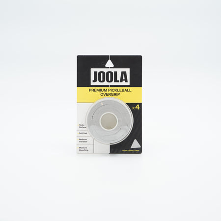 A package of four JOOLA Premium Pickleball Overgrip balls in a clear plastic blister pack with a black and yellow cardboard backing, set against a clean white background.