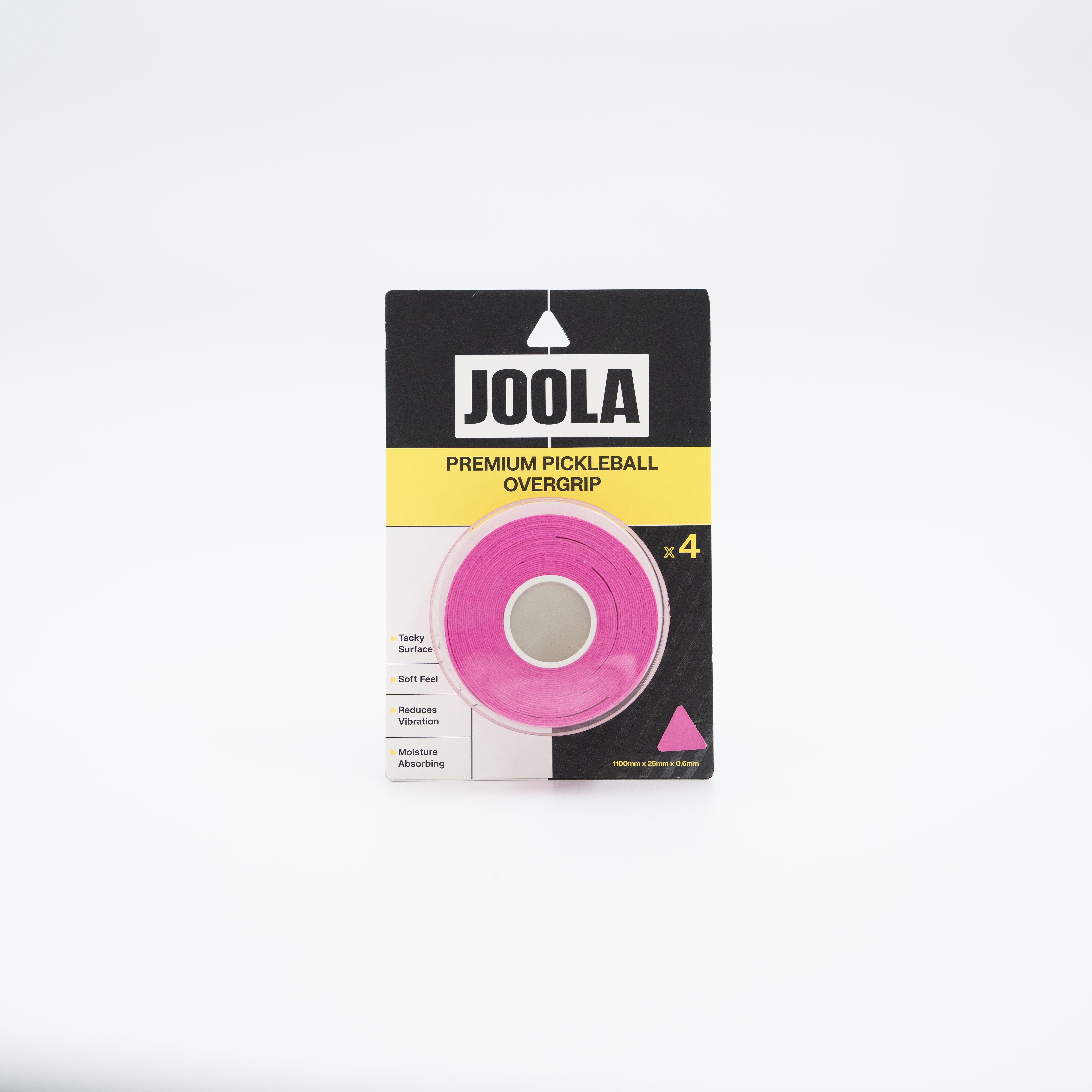 A package of pink JOOLA Premium Pickleball Overgrip tape, featuring a pink roll of grip tape mounted on a black and yellow cardboard backing.