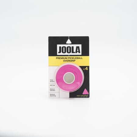 A package of pink JOOLA Premium Pickleball Overgrip tape, featuring a pink roll of grip tape mounted on a black and yellow cardboard backing.