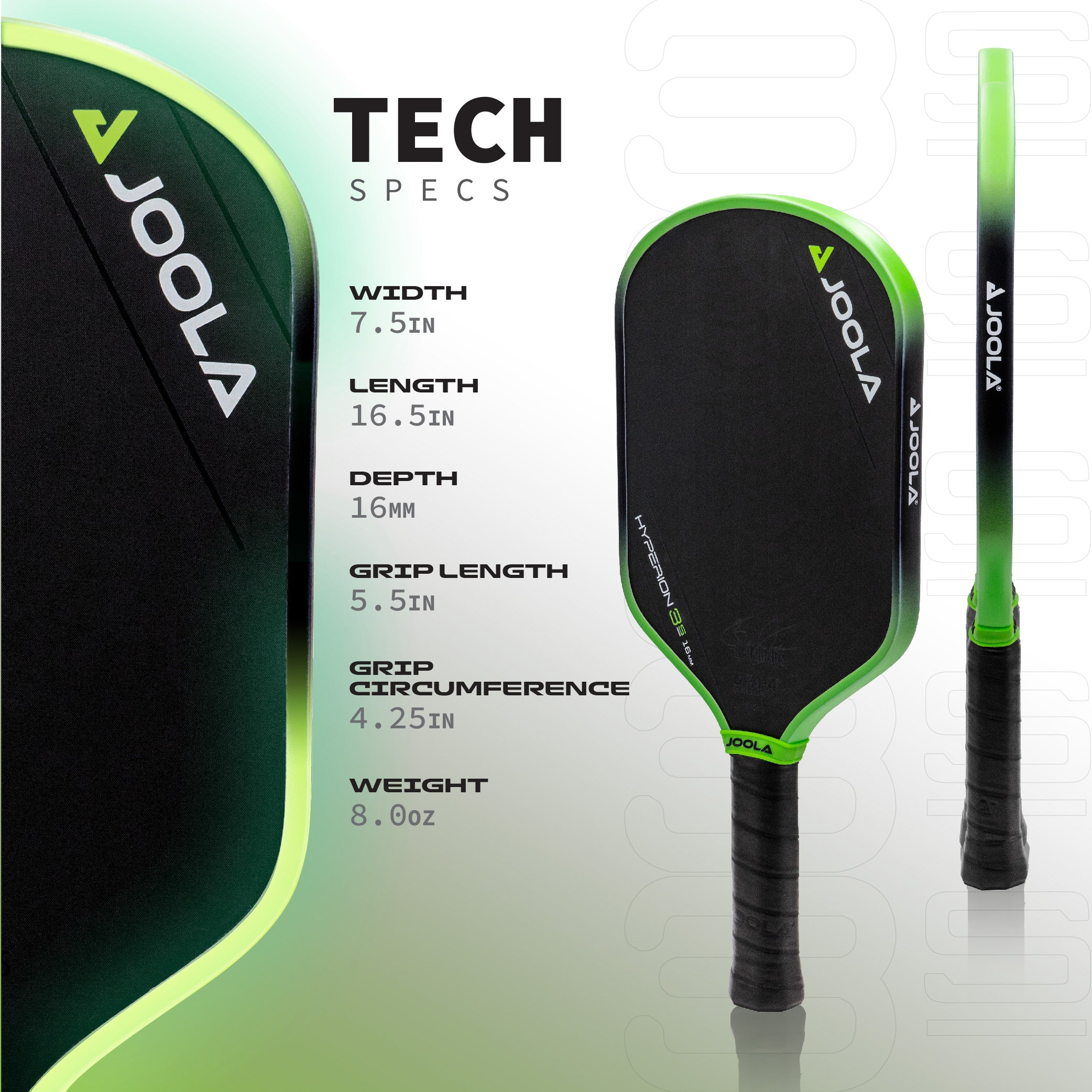 Infographic showing the tech specs of the 16mm JOOLA 3S Hyperion pickleball paddle.