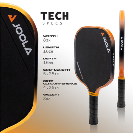 Infographic showing the tech specs of the JOOLA 3S 16mm Scorpeus Pickleball Paddle.