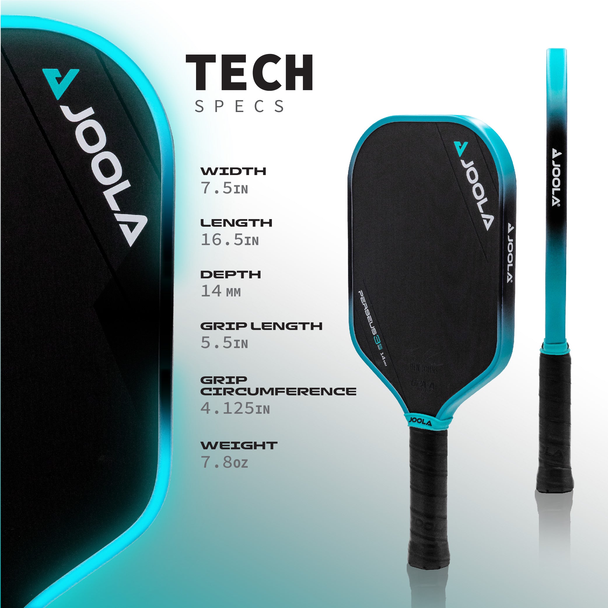 Infographic showing the tech specs for the JOOLA 3S Ben Johns 14mm pickleball paddle.