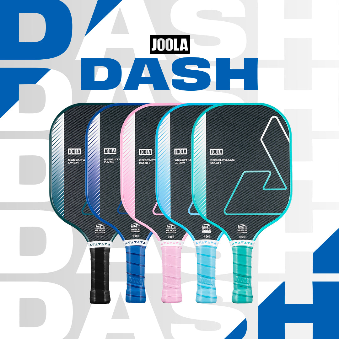 Stylized JOOLA Essentials Dash infographic, shows all the colors avaialable, green, blue, pink, light blue and teal.