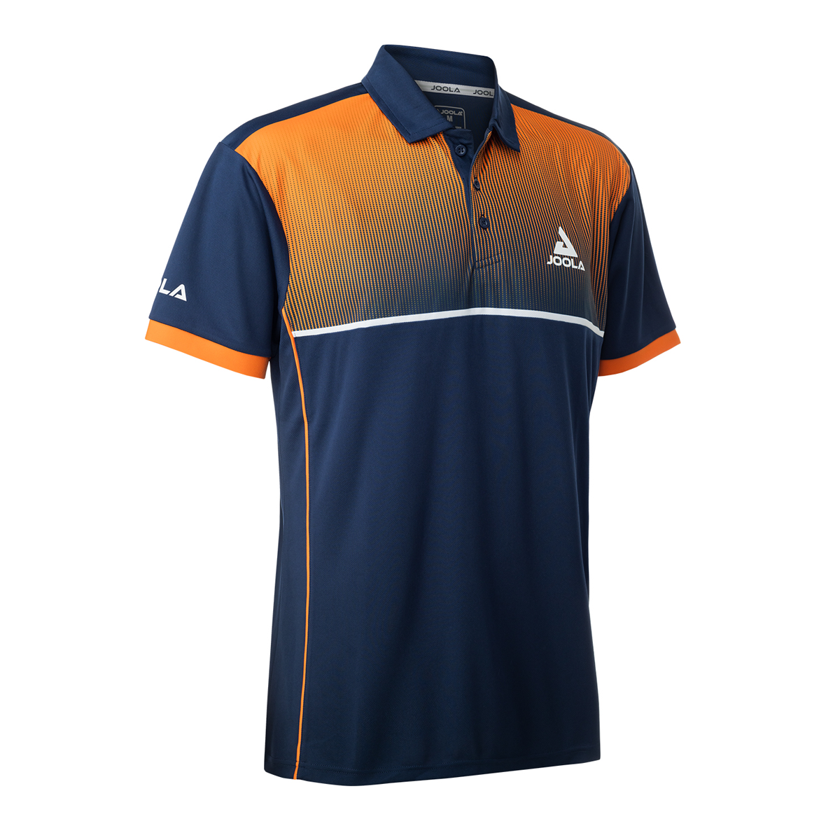 White Background Image: JOOLA Edge Polo in Navy/Orange, side angle #Navy/Orange