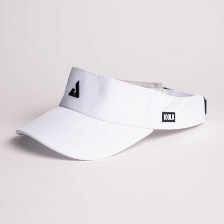 Gray background, image of a JOOLA Essential Visor, white with black branding.
