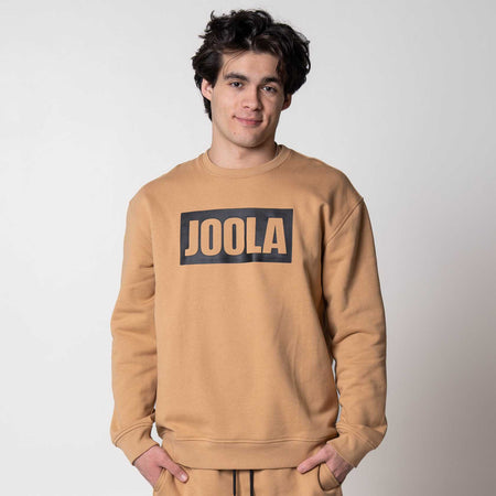 Gray background, image of a male model wearing a fleece crew, latte colored.