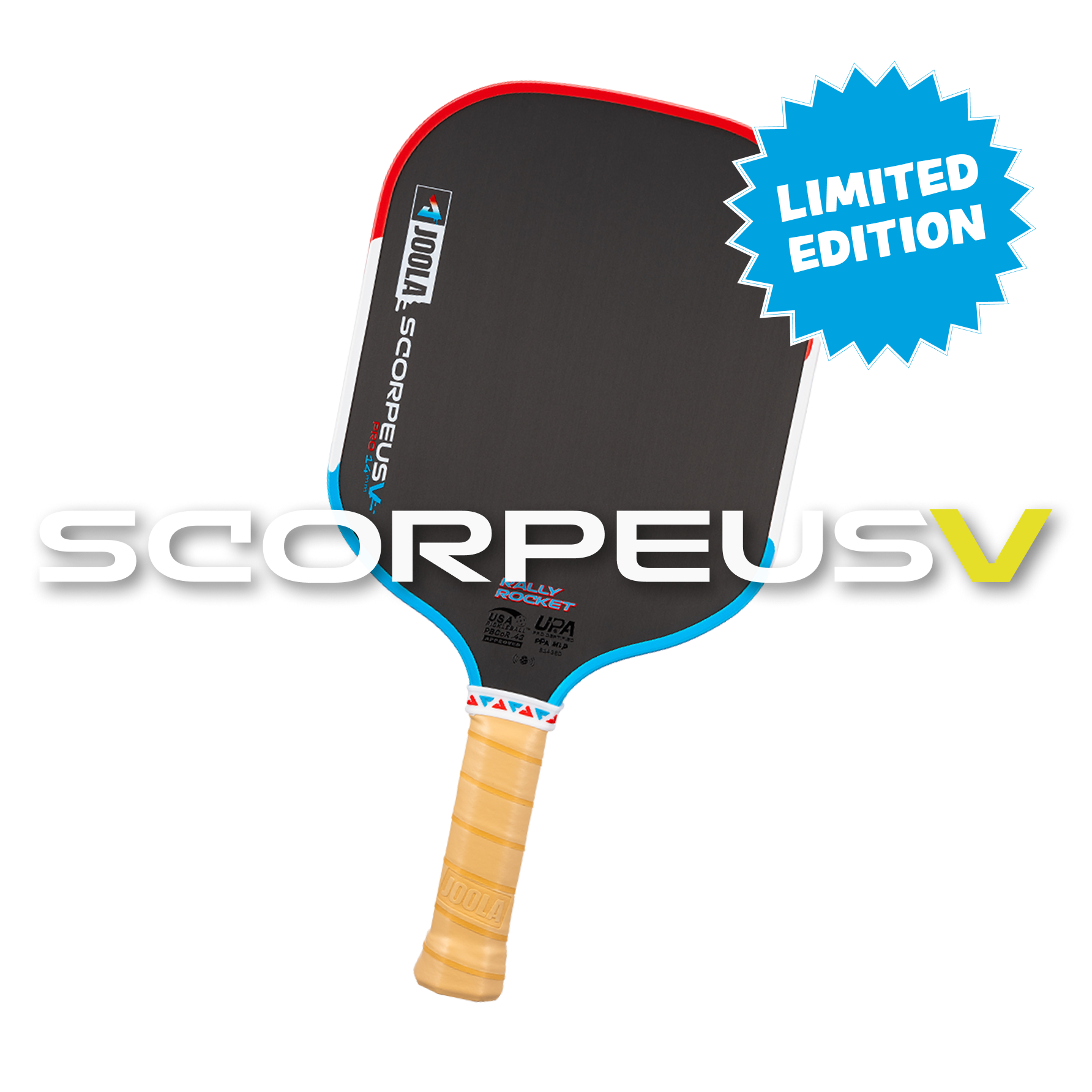 JOOLA Rally Rocket Pickleball paddle with 'Scorpeus V' branding and 'Limited Edition' label on a white background