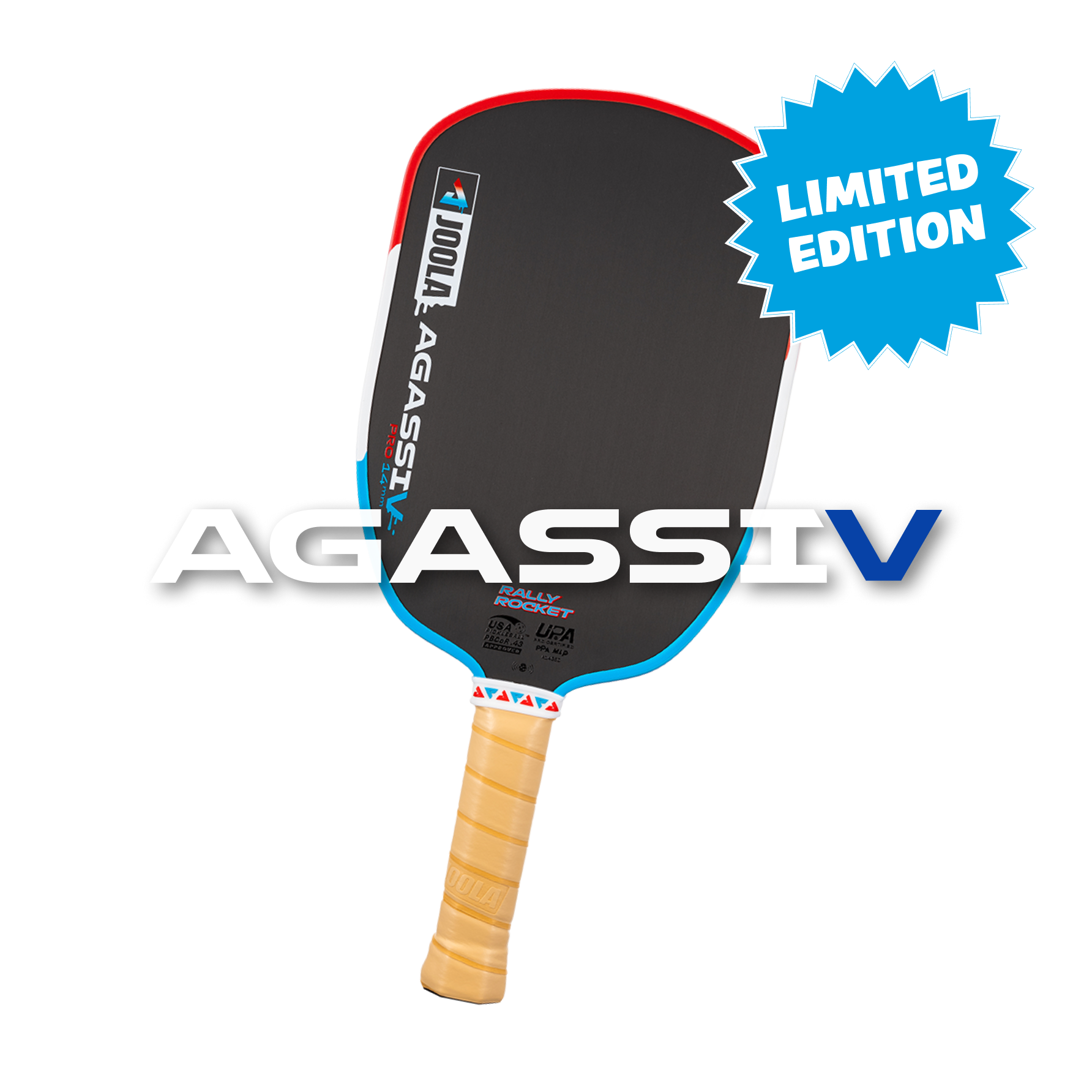 JOOLA Rally Rocket Pickleball paddle with 'Agassi V' branding and 'Limited Edition' label on a white background