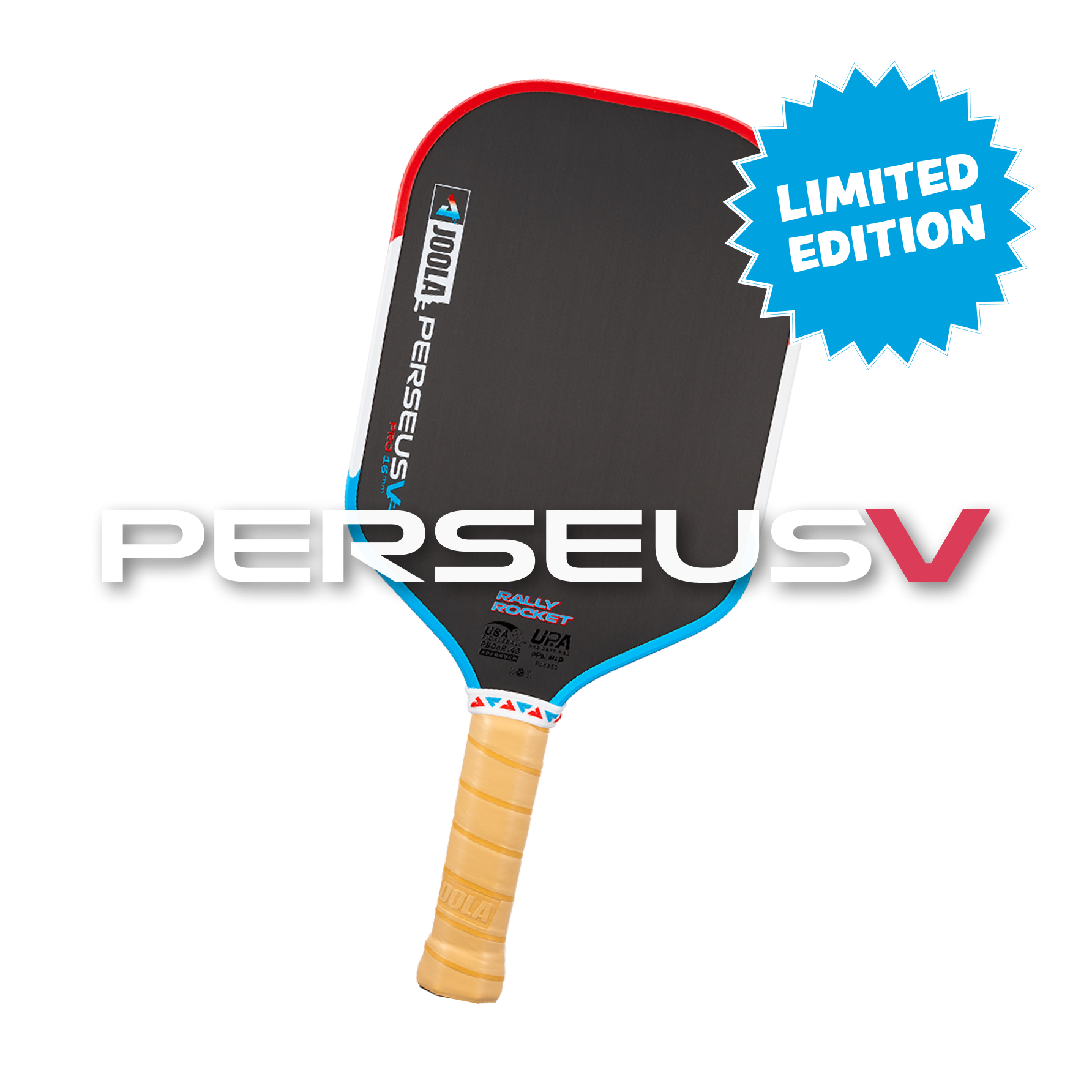 JOOLA Rally Rocket Pickleball paddle with 'Perseus V' branding and 'Limited Edition' label on a white background