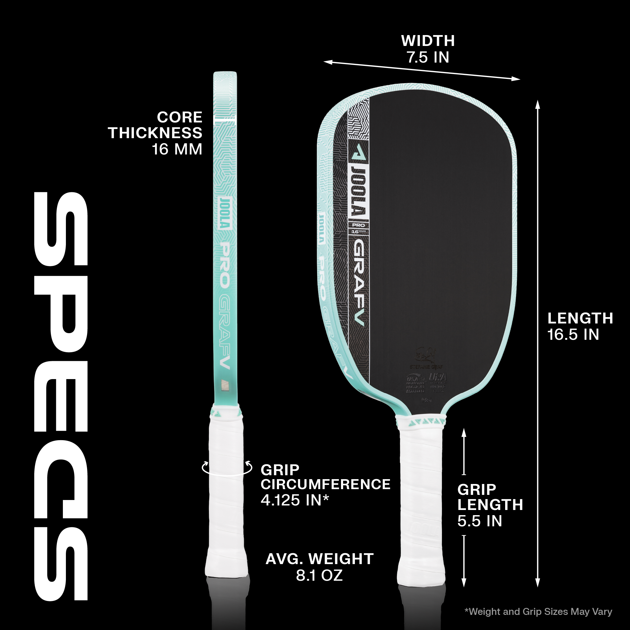 Updated Graf Pro V 16mm pickleball paddle specs.
