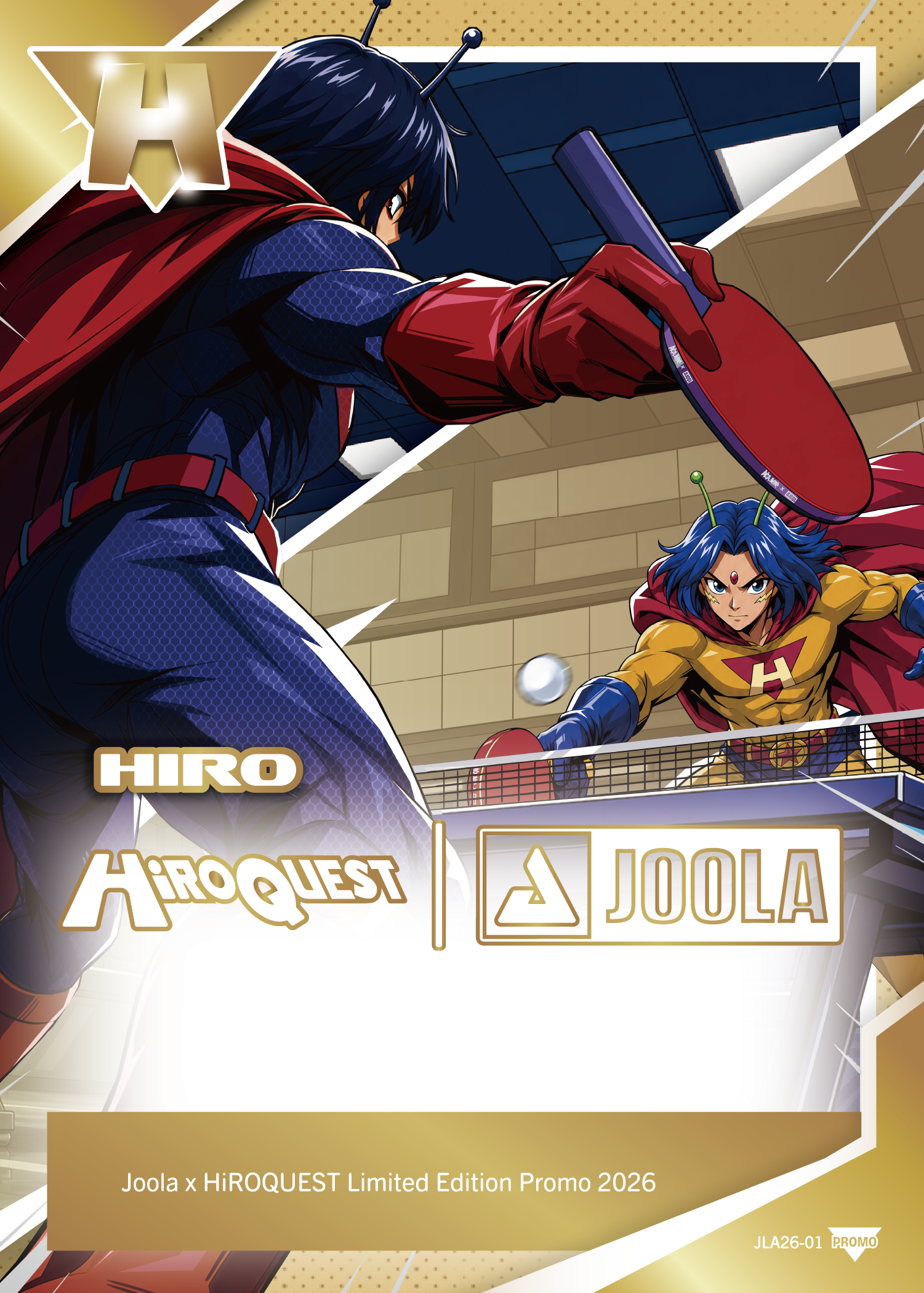 Promotional collectible card artwork for JOOLA x HiroQuest Limited Edition Promo 2026, featuring anime-style characters playing table tennis, with visible JOOLA and HiroQuest branding.