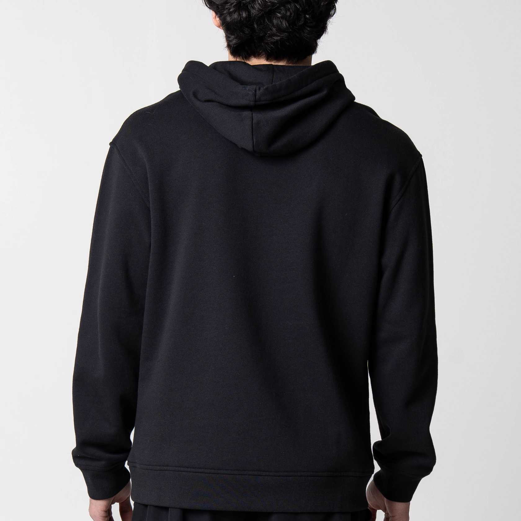 Gray background, image of the back of a male model who is wearing a black JOOLA Graphic hoodie.